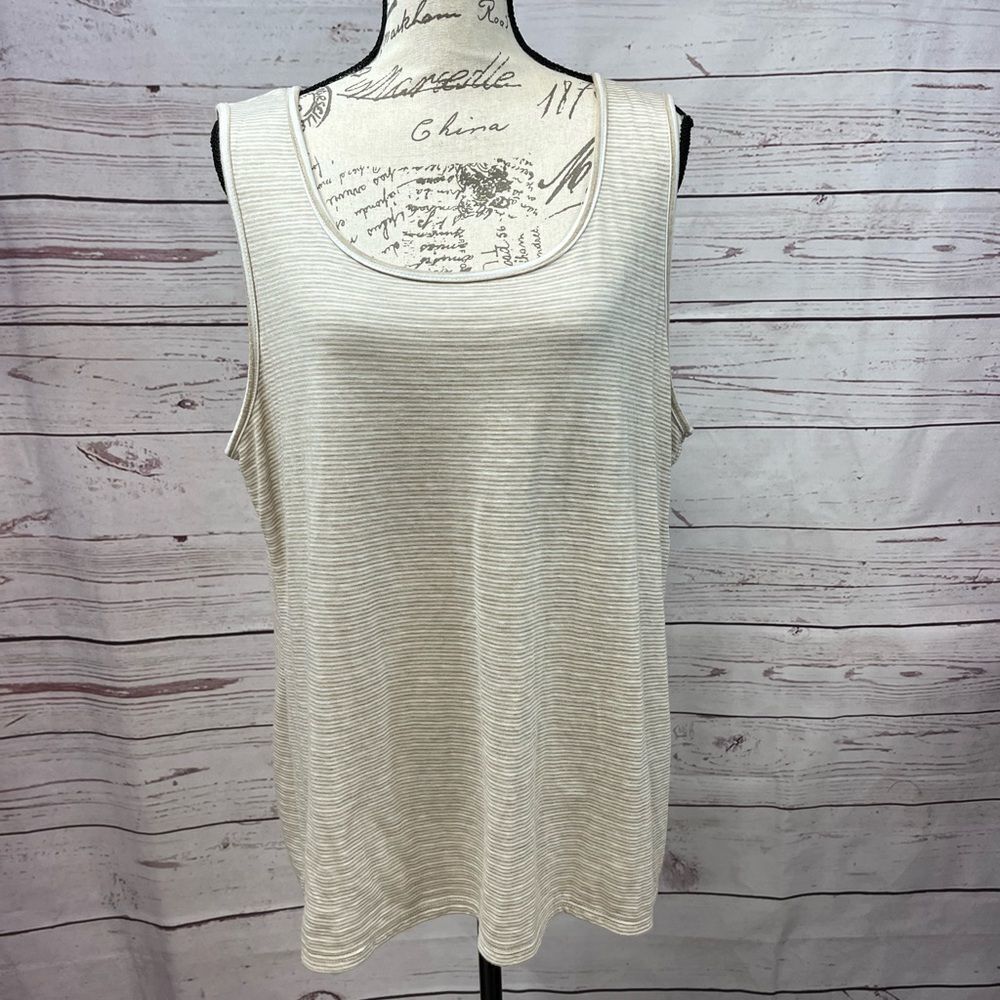 Sunday Womens 2X Tank Top Tan White Striped Scoop Neck Sleeveless Casual Knit